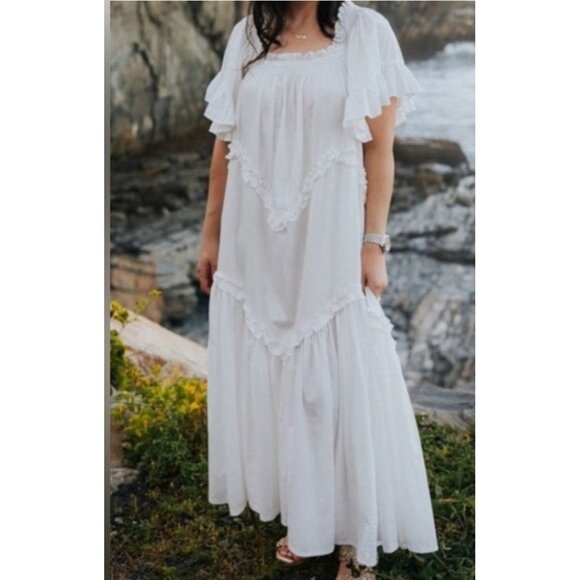 Free People Women Harriet Dress L White Ruffle Cottage Puff Sleeve Midi Boho NWT - Picture 1 of 7